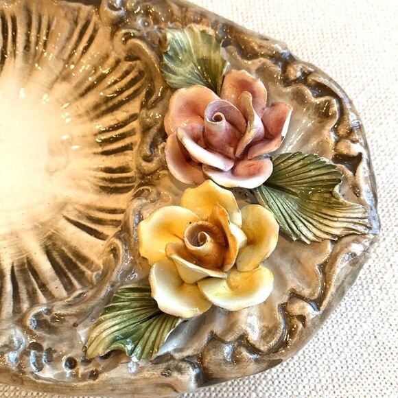Vintage Capodimonte Oval Dish Ornatr Basket Weave Roses Trinket Candy Dish 9x5.5 - Picture 12 of 16